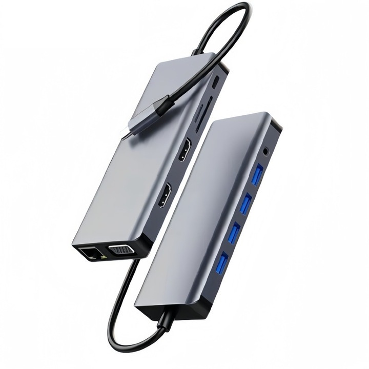USB C докинг станция, 12 в 1, 1x 1000Mbps Gigabit Ethernet порт, 2x 4k HDMI, 1x VGA порт, 3x USB3.0, 1xUSB2.0, 1x TypeC PD порт, 1 x слот за SD карта, 1x TF карта, 1 x 3,5 mm аудио