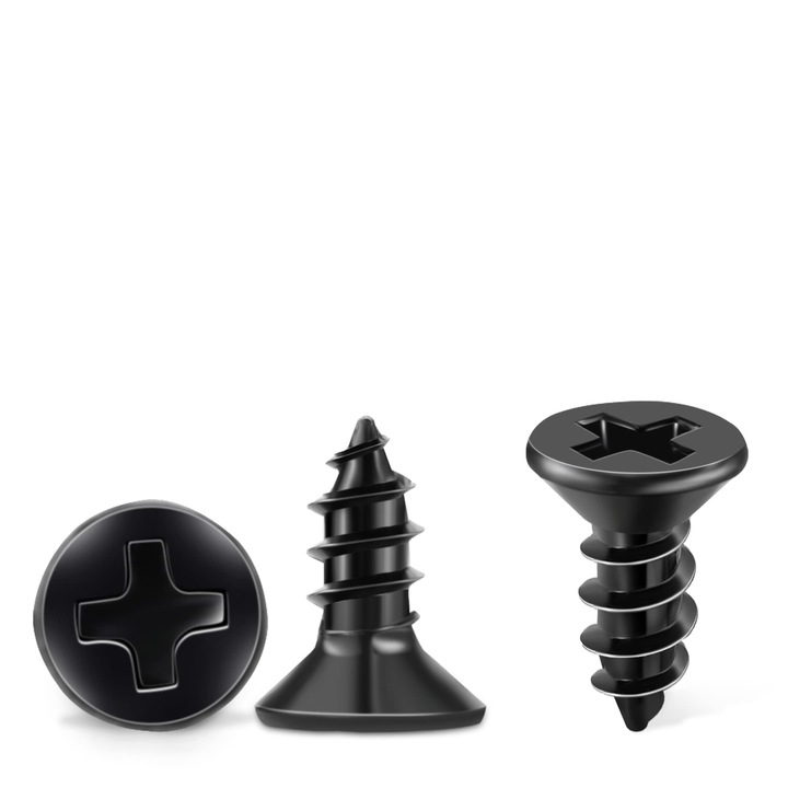 Suruburi M3.5 X 12mm Autofiletante pentru Lemn, Cap Inecat Amprenta Cruce PH-2, Filet Complet Inox A2, Strat Negru pentru Protectie Imbunatatita Impotriva Ruginii - Set de 100, Potrivite pentru Proiecte DIY si Tamplarie Profesionala