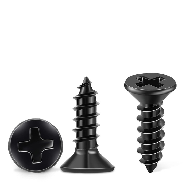 Suruburi M3.5 X 16mm Autofiletante pentru Lemn, Cap Inecat Amprenta Cruce PH-2, Filet Complet Inox A2, Strat Negru pentru Protectie Imbunatatita Impotriva Ruginii - Set de 100, Potrivite pentru Proiecte DIY si Tamplarie Profesionala