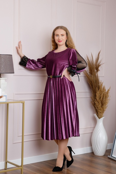 Рокля с дантела и колан на талията, Лилава, Кадифена, Плисирана, Един размер INTL