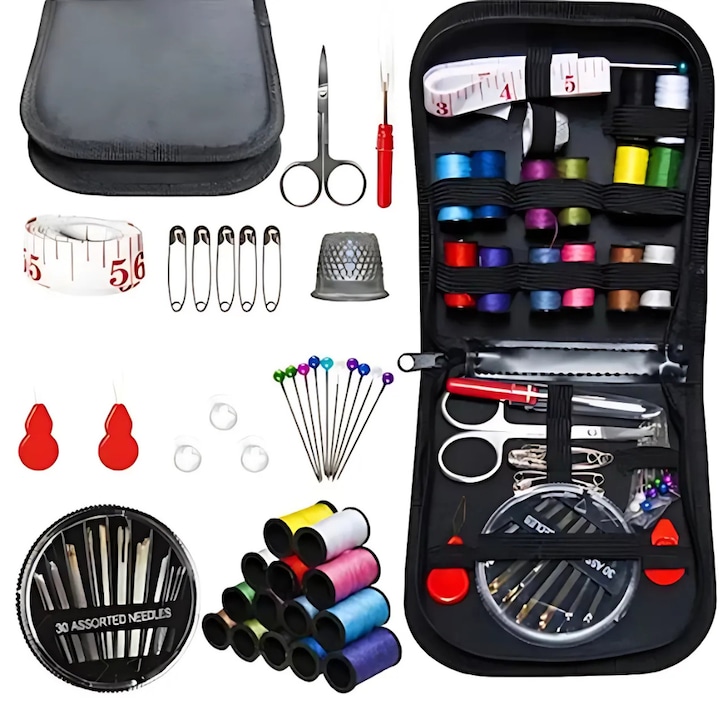 Kit pentru cusut Promerco®, design cu 70 piese necesare in croitorie, 12.5 x 12 x 3.5 cm, materiale de calitate superioara, trusa culoare negru