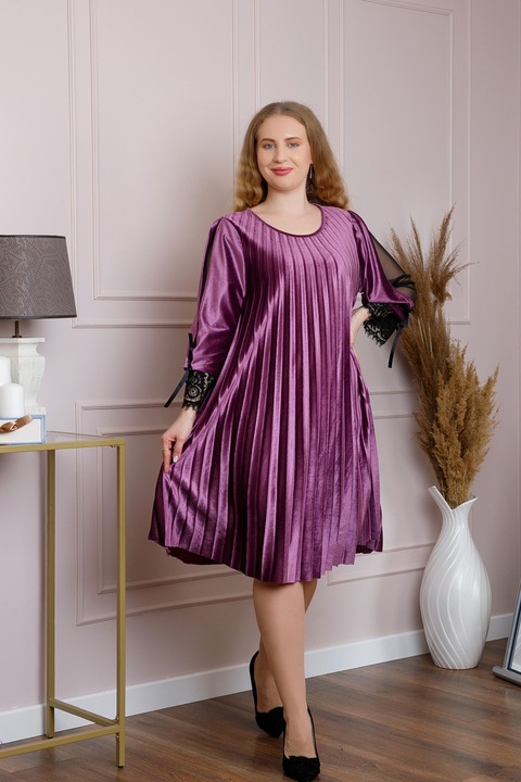 Лилава кадифена плисирана рокля с дантелена вложка, Един размер INTL