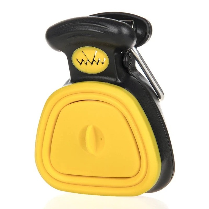Lopatica tip cleste pentru adunat excremente / fecale de caini cu pungi de unica folosinta, atasabila la lesa sau zgarda, 13.5 cm x 10.5 cm, Galben Negru
