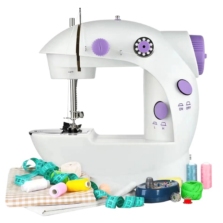 Mini Masina de Cusut XL Teno®, portabila, usor de utilizat, fara pedala, design ergonomic, iluminare, doua viteze de coasere, alimentare pe baterii sau la retea, reglare si tensionare a firului, 20 cm, alb/mov