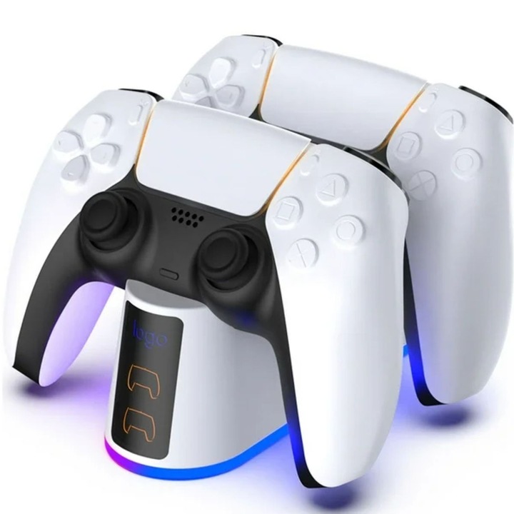 Statia de Incarcare pentru Controllere PlayStation 5 cu 7 Efecte de Lumina LED, Design Modern si Functii Avansate, Incarcare Rapida si Sigura, Culoare Alb, Accesoriu Esential pentru Gaming