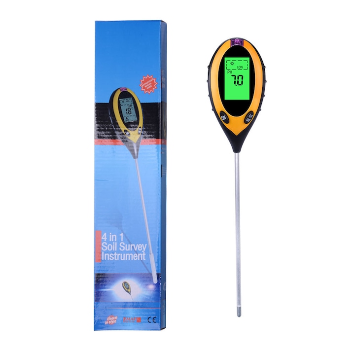 Tester 4-in-1 pentru Sol - pH, Umiditate si Temperatura, Luminozitate, Cu Ecran LCD, Ideal pentru Gradina, Ferma si Sera