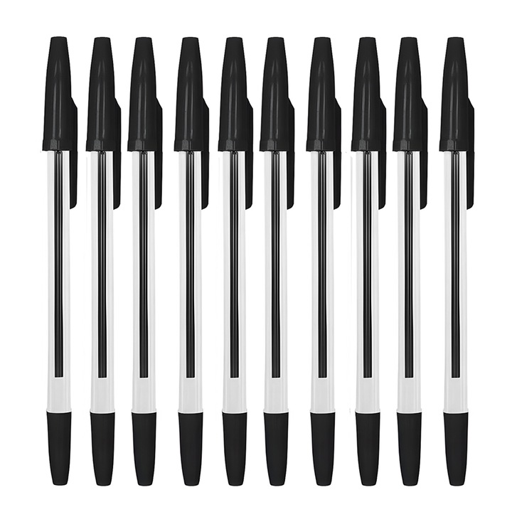 Комплект от 50 химикалки Teno®, тип топка, устойчив материал, издръжлив, дълготраен, глава 0,7 mm, гладко писане с бързо съхнене, с капачка, пластмасов корпус, черен