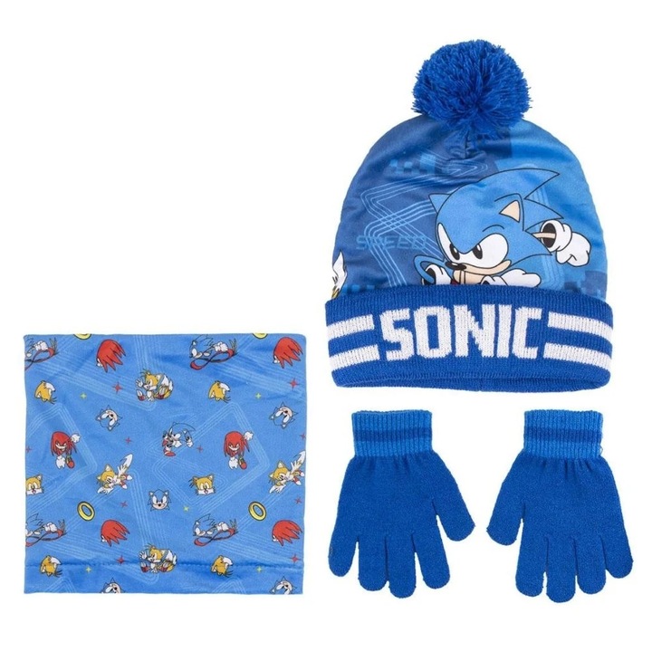 Детски комплект с шапка, ръкавици и яка, персонаж Sonic, Cerda