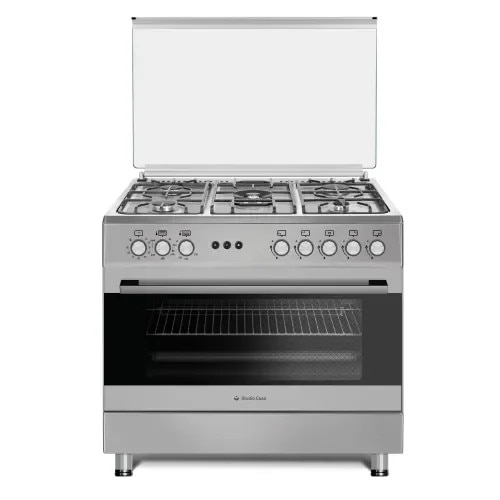 Aragaz gaz 90 cm Prato Inox Studio Casa, 5 zone de gatit, Gaz, Wok, Cuptor gaz, Rotisor, Timer mecanic, Grill electric, Gratar fonta, Aprindere electrica, Clasa energetica A, Inox, dubla ventilatie coacere