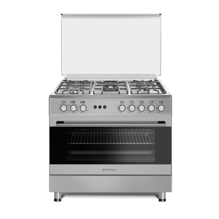 Gáztűzhely 90 cm Prato Inox Studio Casa, 5 főzőzóna, Gáz, Wok, Gázsütő, Rotisserie, Mechanikus időzítő, Elektromos grill, Öntöttvas grill, Elektromos gyújtás, Dupla sütőszellőztetés, Rozsdamentes acél