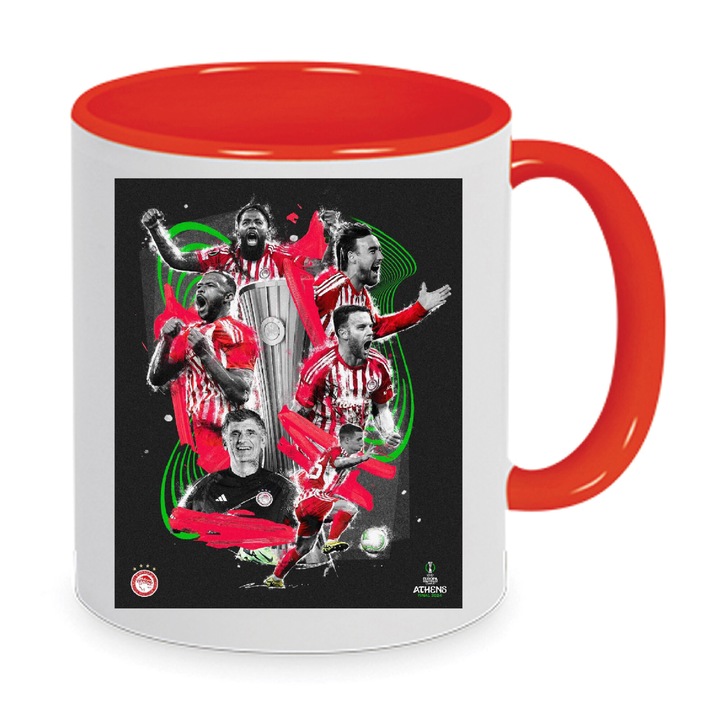 Керамична чаша Олимпиакос ОСФП Лига на конференциите 2024, дизайн №16, червено и бяло, 330мл