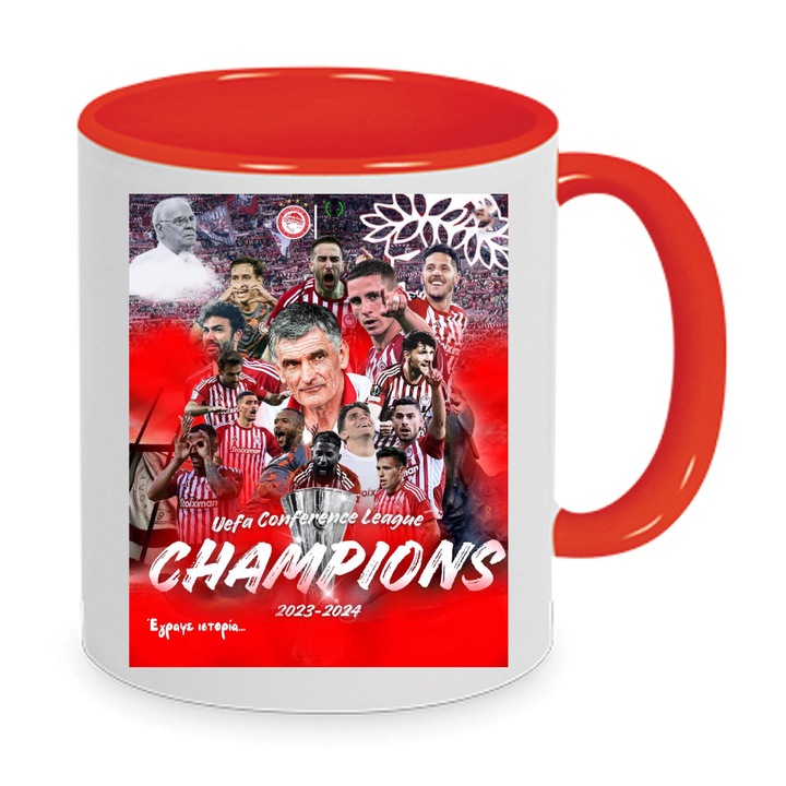 Керамична чаша Олимпиакос OSF Лига Европа 2024, дизайн №15, бяло и червено, 330 мл
