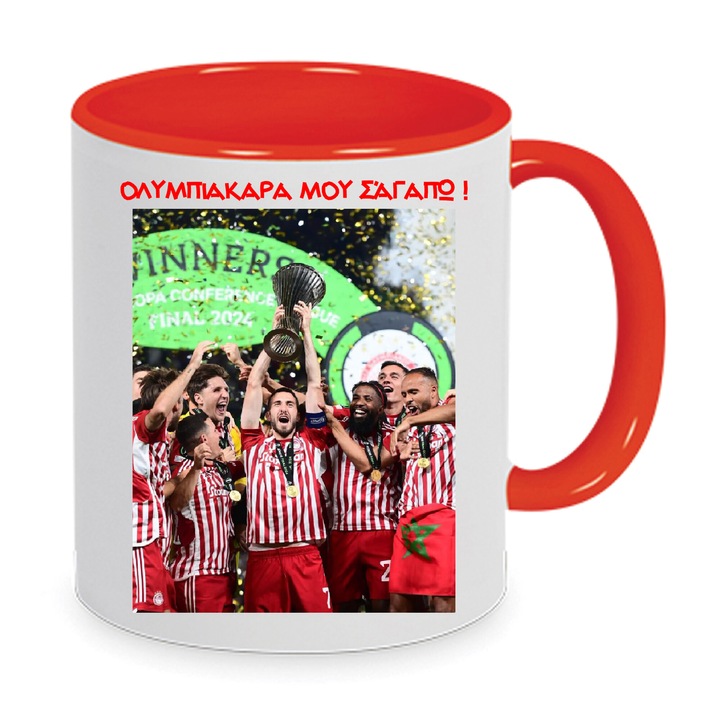 Керамична чаша Олимпиакос OSF Лига Европа 2024, дизайн №9, бяло и червено, 330 мл