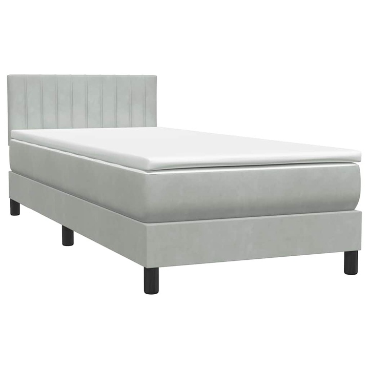 Pat box spring cu saltea vidaXL, gri deschis, 90x220 cm, catifea, 41.95 Kg 3316431