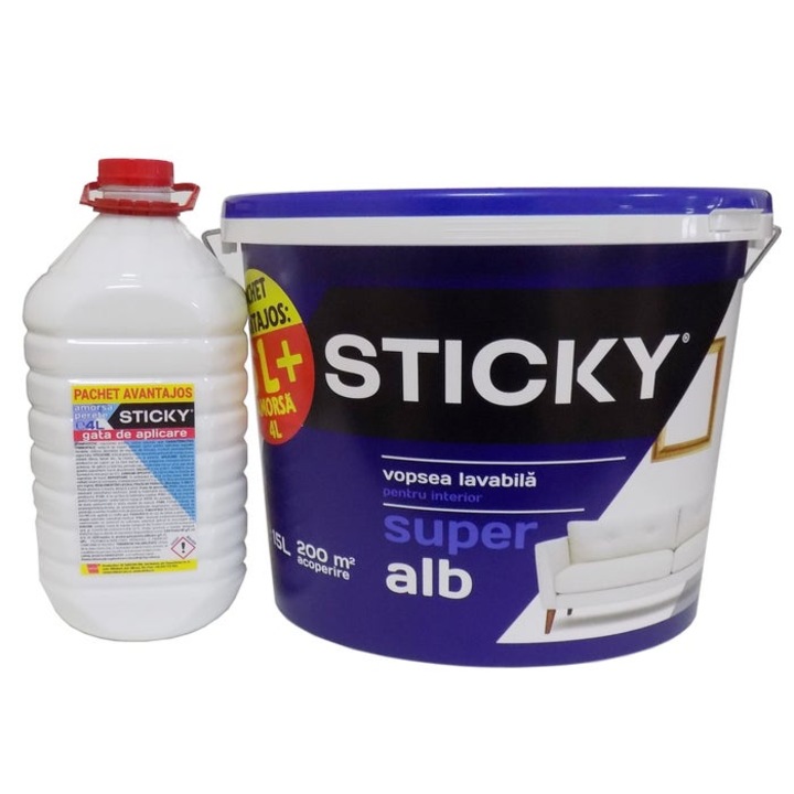 Vopsea lavabila interior Sticky, alba, 15 L + amorsa 4 L