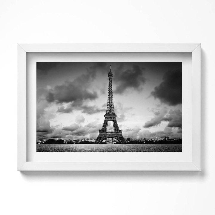 Tablou Inramat, Wallfluent, Peisaj alb-negru al Frantei cu Turnul Eiffel, Rama alba, 80x60 cm, 010330010170100280585