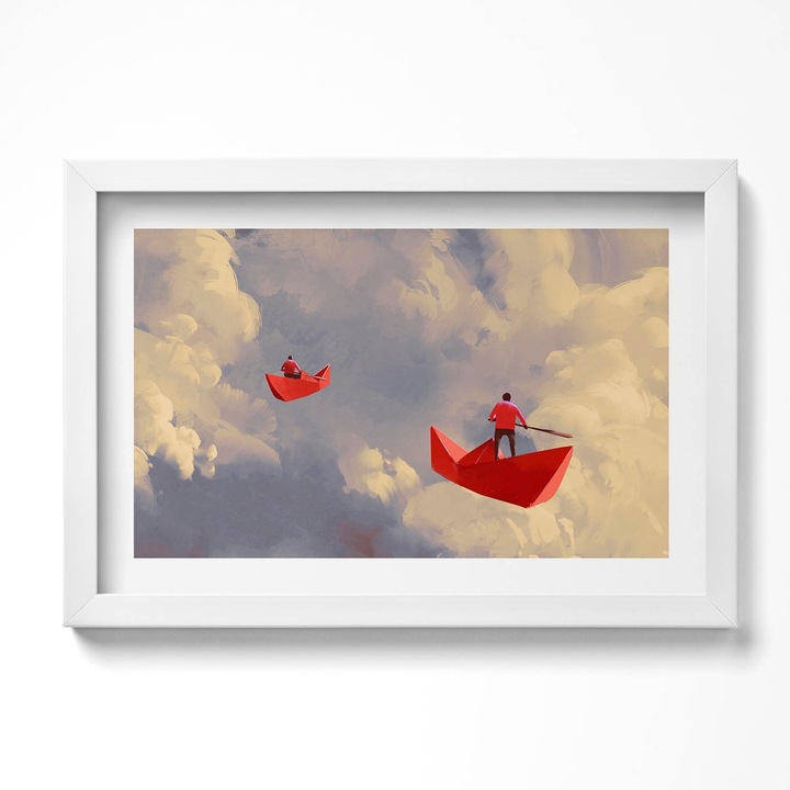 Tablou Inramat, Wallfluent, Calatoriti pe nave de hartie, Rama alba, 80x60 cm, 010330010170100279936