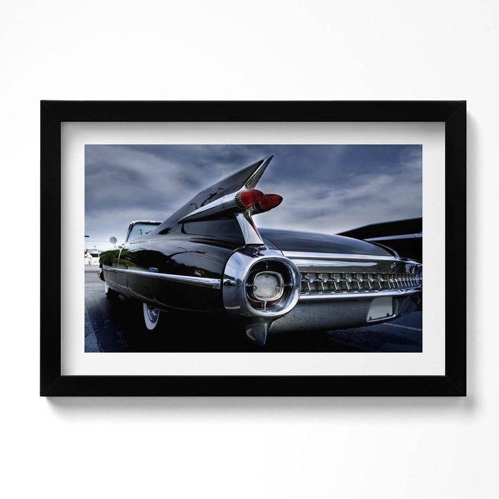 Tablou Inramat, Wallfluent, Masina Cadillac neagra de epoca, Rama negru, 30x20 cm, 010330010100200280068