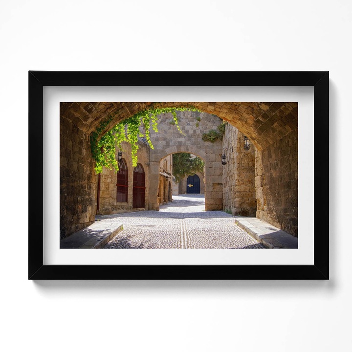 Tablou Inramat, Wallfluent, Strada medievala din Rhodos, Grecia, Rama negru, 30x20 cm, 010330010100200279859