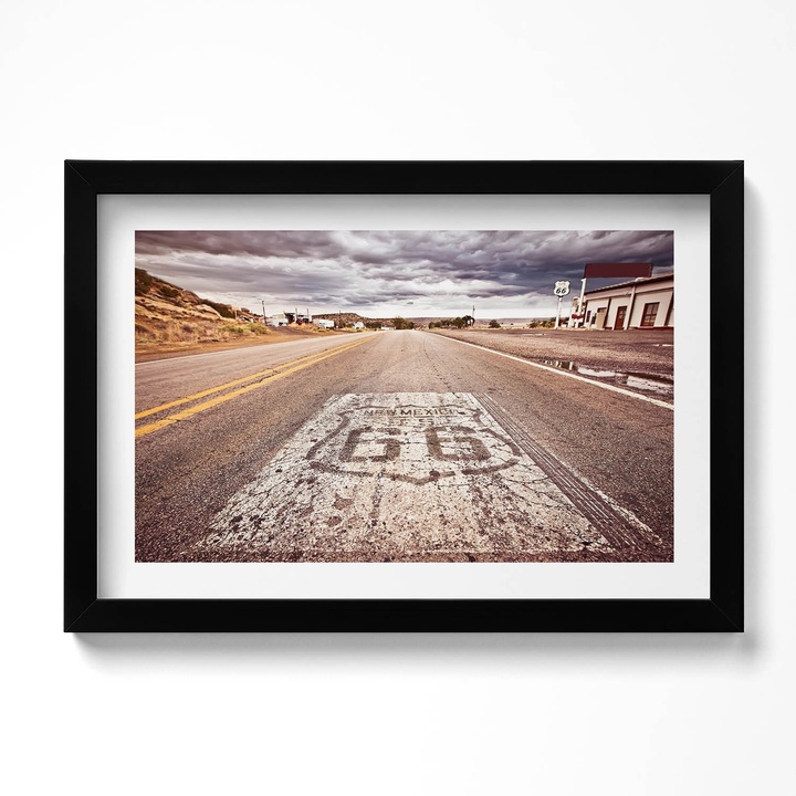 Tablou Inramat, Wallfluent, Route 66 drum de stat american, Rama negru, 30x20 cm, 010330010100200280147