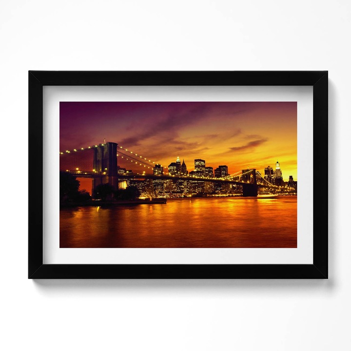 Tablou Inramat, Wallfluent, Vedere de seara a Podului Brooklyn, Rama negru, 30x20 cm, 010330010100200279912