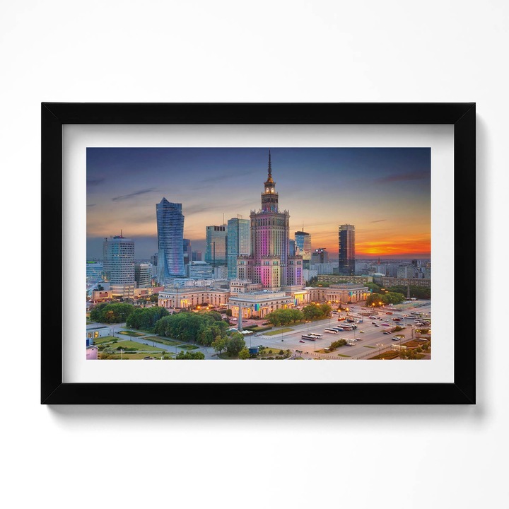 Tablou Inramat, Wallfluent, Panorama la apusul Varsoviei, Rama negru, 30x20 cm, 010330010100200280263