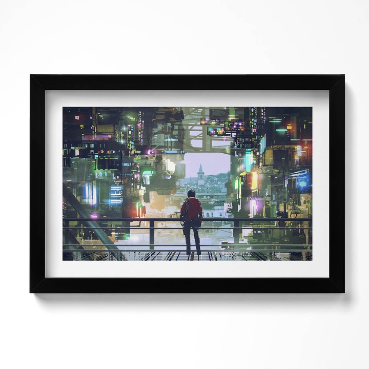 Tablou Inramat, Wallfluent, Orasul Cyber ​​Punk, Rama negru, 30x20 cm, 010330010100200280099
