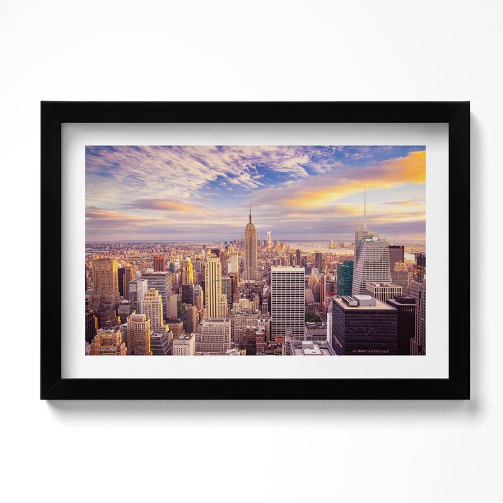 Tablou Inramat, Wallfluent, Apus de soare New York, Rama negru, 30x20 cm, 010330010100200280201