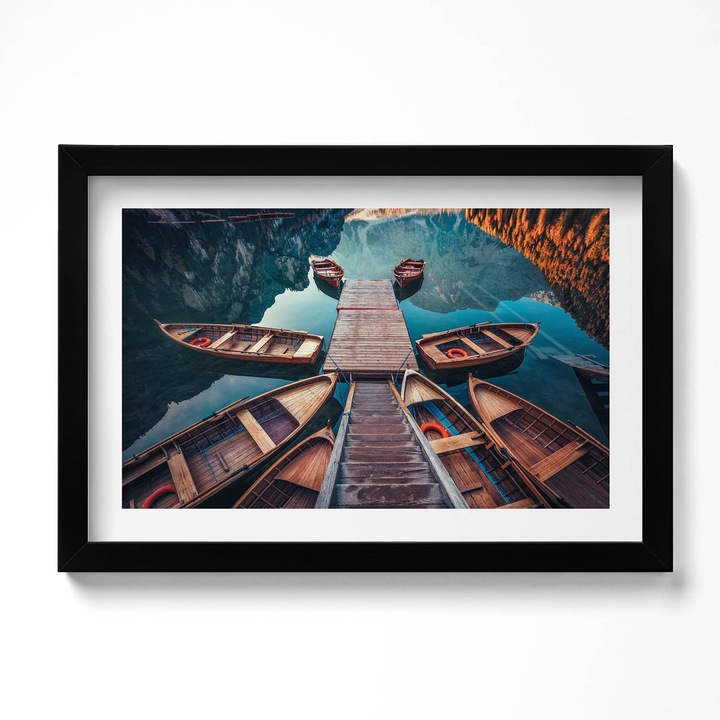Tablou Inramat, Wallfluent, Debarcaderul si lacul Pragser Wildsee, Rama negru, 30x20 cm, 010330010100200280089