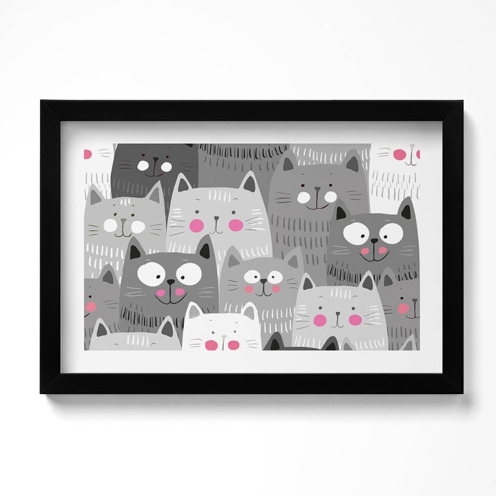 Tablou Inramat, Wallfluent, Model fara sudura cu pisici, Rama negru, 30x20 cm, 010330010100200280127
