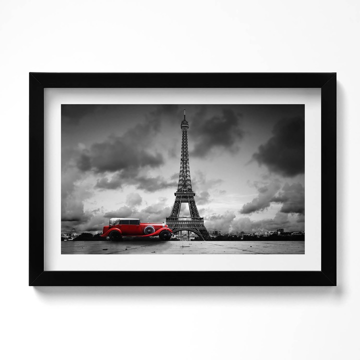 Tablou Inramat, Wallfluent, Turnul Eiffel si masina rosie, Rama negru, 30x20 cm, 010330010100200279851
