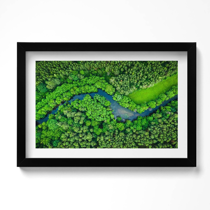 Tablou Inramat, Wallfluent, Padure si rau din vedere de ochi de pasare, Rama negru, 30x20 cm, 010330010100200280426