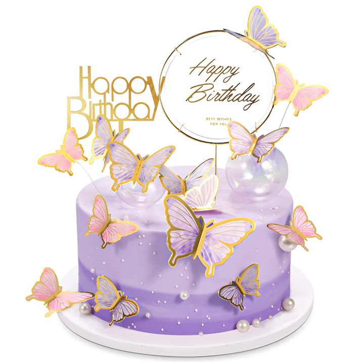 Set decorativ pentru tort de ziua de nastere cu fluturi din hartie, Tyrael-SEA, mov, 22 piese