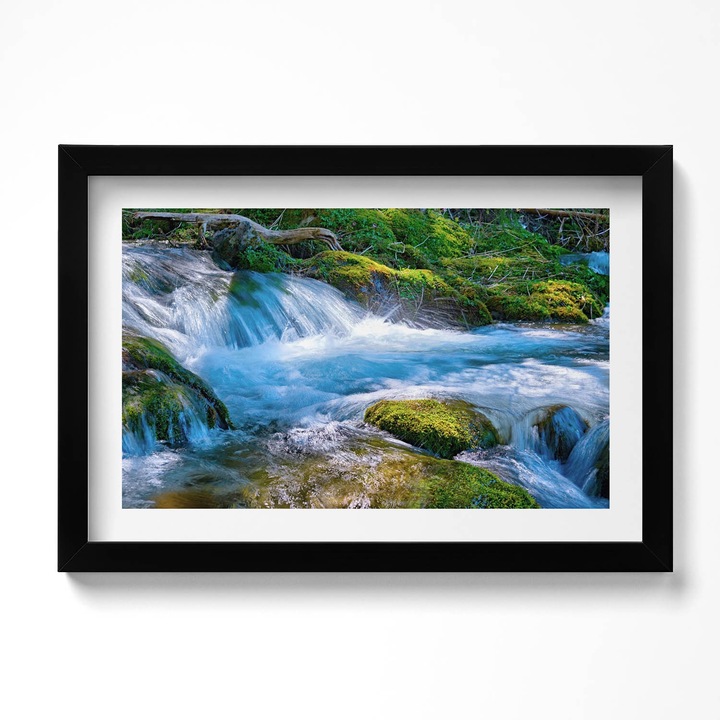 Tablou Inramat, Wallfluent, Un parau grabit in padure, Rama negru, 30x20 cm, 010330010100200280769