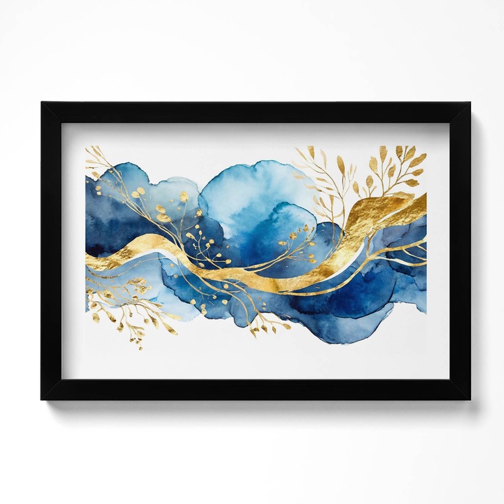 Tablou Inramat, Wallfluent, Abstractie de plante aurii pe un fundal albastru, Rama negru, 30x20 cm, 010330010100200280959