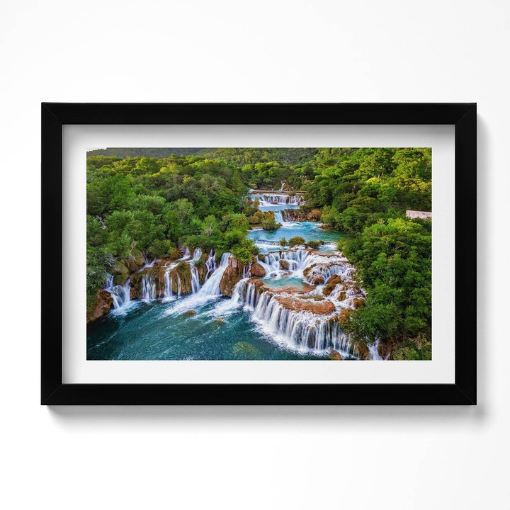 Tablou Inramat, Wallfluent, Cascade si raul Krka Croatia, Rama negru, 30x20 cm, 010330010100200280535