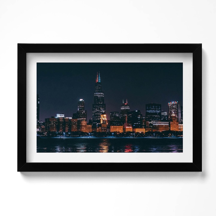 Tablou Inramat, Wallfluent, Peisajul urban din Chicago, Rama negru, 30x20 cm, 010330010100200280293