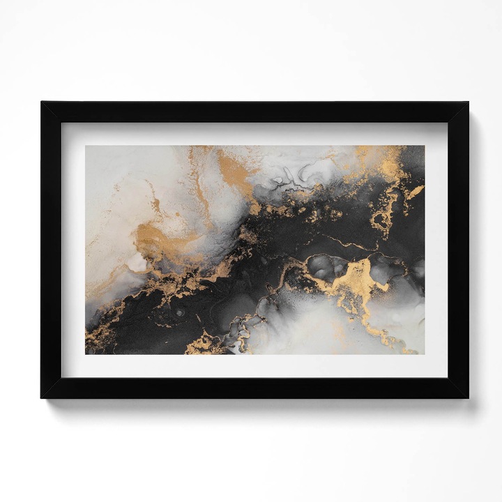 Tablou Inramat, Wallfluent, Abstractie alb-negru cu aur, Rama negru, 30x20 cm, 010330010100200281008