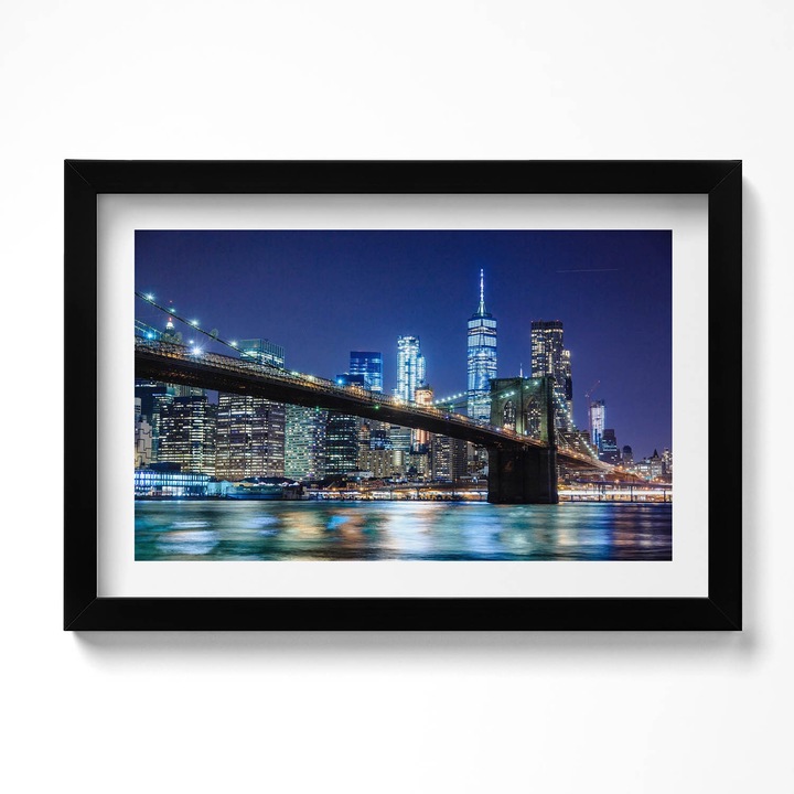 Tablou Inramat, Wallfluent, Podul Brooklyn New York noaptea, Rama negru, 30x20 cm, 010330010100200280269