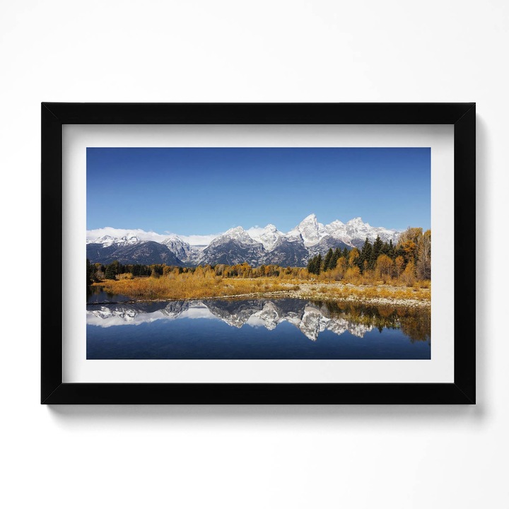 Tablou Inramat, Wallfluent, Lac de munte si copaci de toamna, Rama negru, 30x20 cm, 010330010100200280498