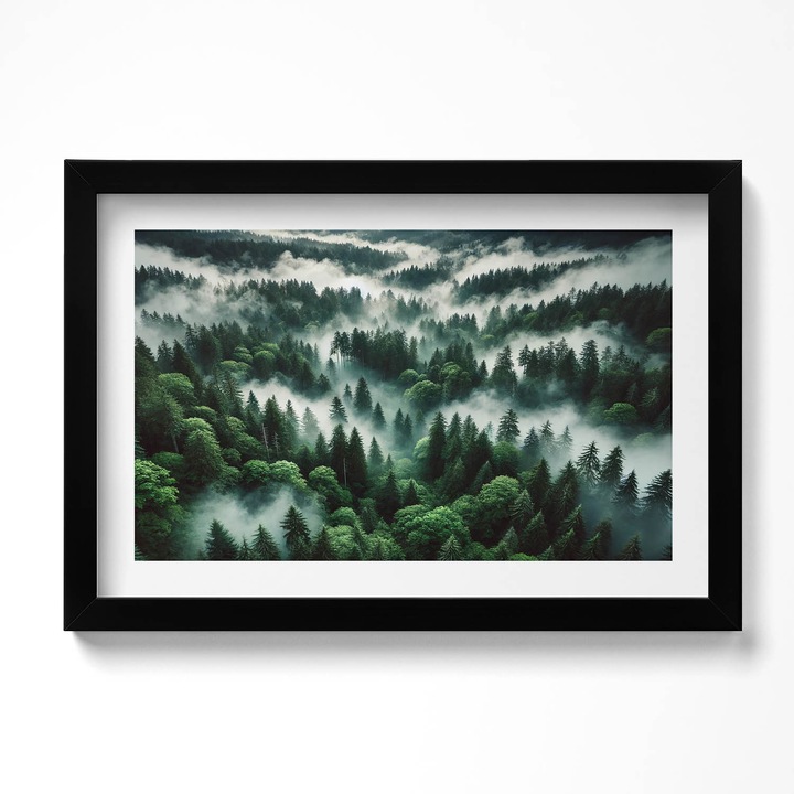 Tablou Inramat, Wallfluent, Peisaj de ceata dimineata in padure, Rama negru, 30x20 cm, 010330010100200281020