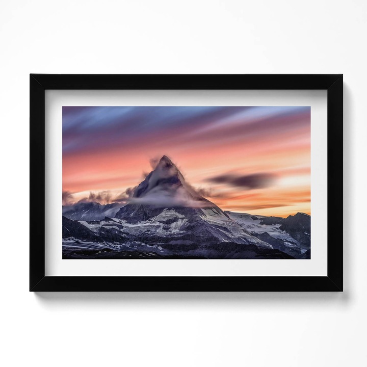 Tablou Inramat, Wallfluent, Munte singuratic la apus, Rama negru, 30x20 cm, 010330010100200280503