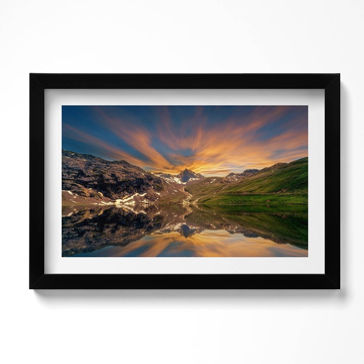Tablou Inramat, Wallfluent, Lac de munte si apus, Rama negru, 30x20 cm, 010330010100200280509