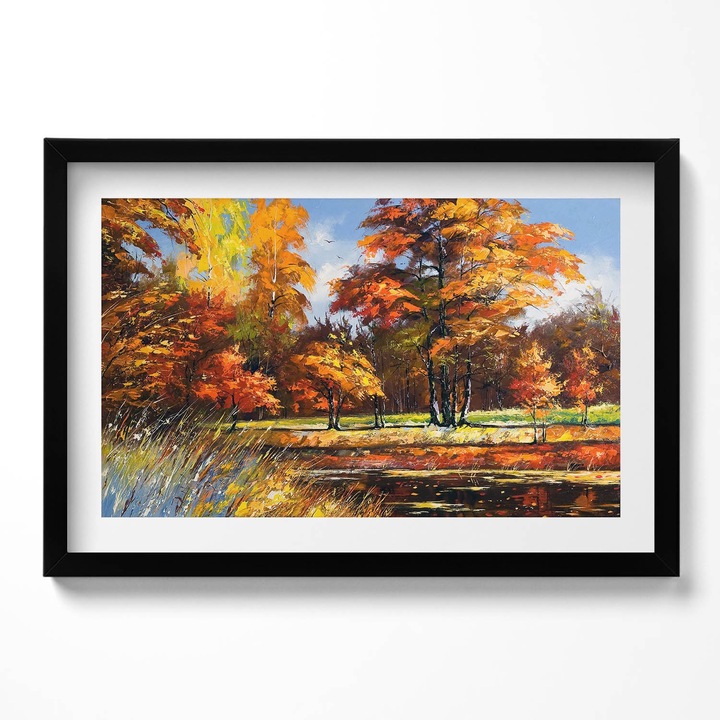 Tablou Inramat, Wallfluent, Toamna si rau pictate, Rama negru, 60x40 cm,010330010110200279940