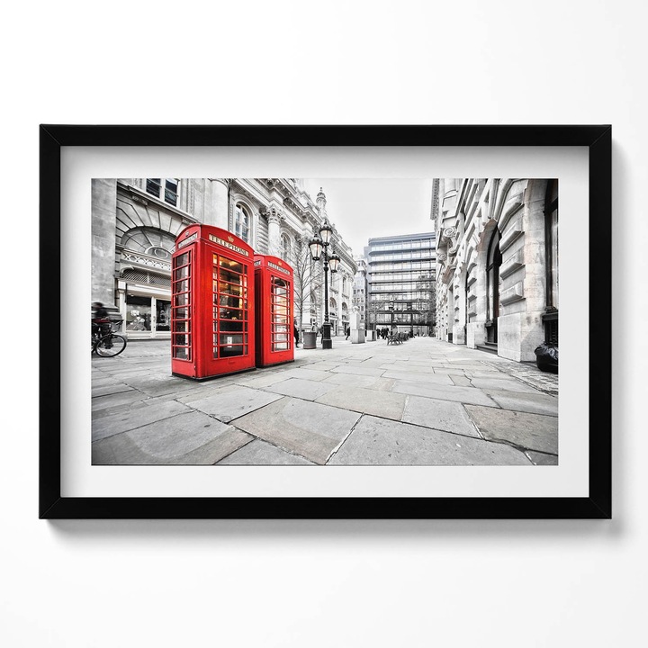 Tablou Inramat, Wallfluent, Cabine telefonice rosii Londra, Rama negru, 60x40 cm,010330010110200280136