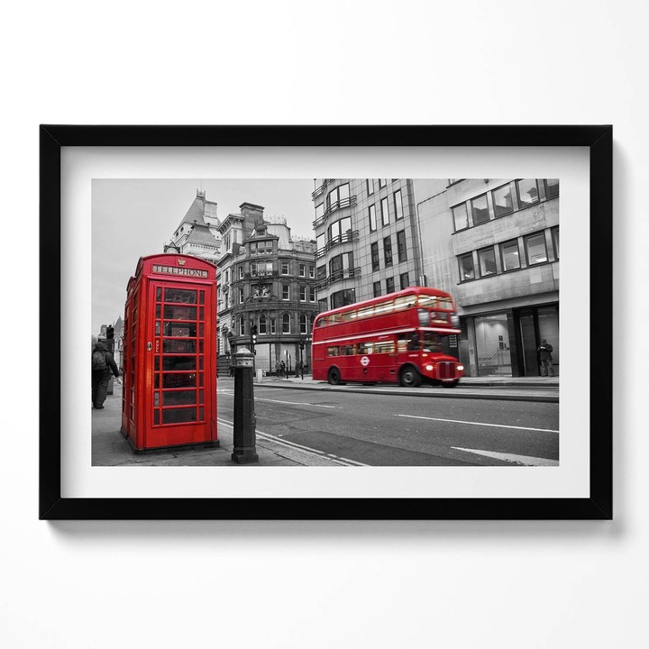 Tablou Inramat, Wallfluent, Autobuz american istoric pe strada, Rama negru, 60x40 cm,010330010110200279879