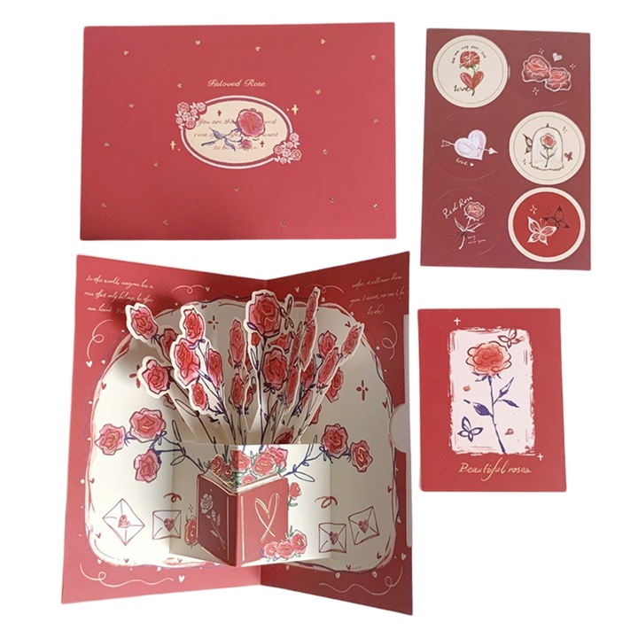 Set felicitari 3D cu buchet de trandafiri, Enforose, 20x15cm, cu plic si autocolante