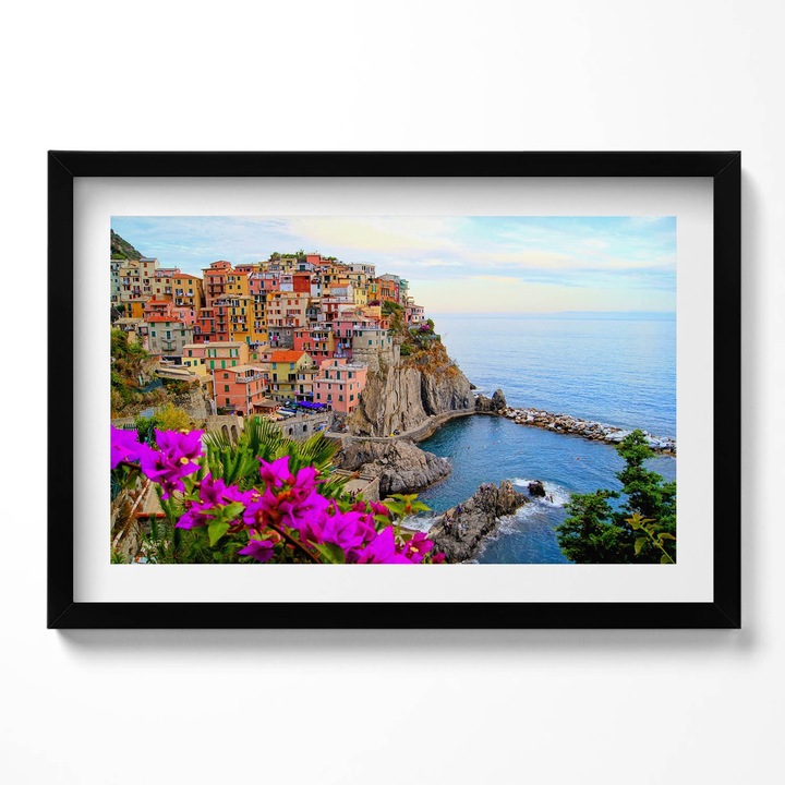 Tablou Inramat, Wallfluent, Flori si coasta Cinque Terre Italia, Rama negru, 60x40 cm,010330010110200280030