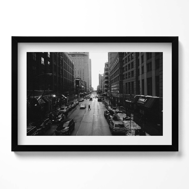 Tablou Inramat, Wallfluent, Strazile alb-negru din Chicago, Rama negru, 60x40 cm,010330010110200280178