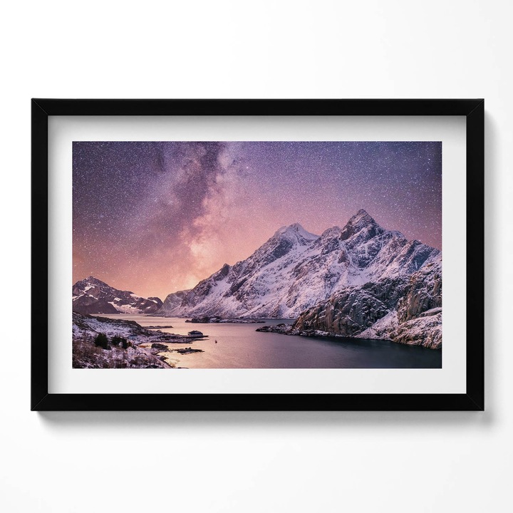 Tablou Inramat, Wallfluent, Aurora si cerul instelat peste munti, Rama negru, 60x40 cm,010330010110200280644